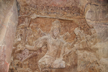 Carved idol of stone inside Cave 1, Elephanta Caves, Gharapuri island, Mumbai, Maharashtra, India
