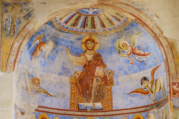 Inside of Benedictine Abbey of Sant’Angelo in Formis, the walls are covered with frescoes from...