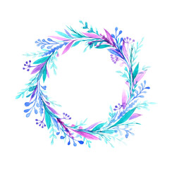 Watercolor wreath leaf nature frame. Design plant spring floral border. Circle illustration background summer card isolated on white. Vintage branch element wedding decoration.