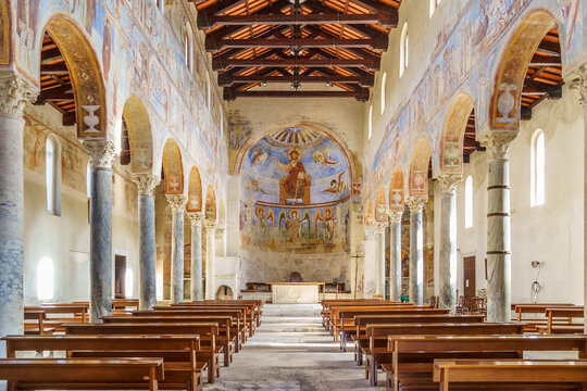 Inside of Benedictine Abbey of Sant&rsquo;Angelo in Formis, the walls are covered with frescoes from the second half of the 11th century. Capua, Campania, Italy.