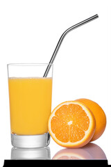 Fresh orange juice with fruit on white background.