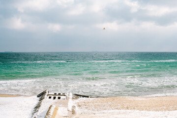 black sea in winter. seagulls fly in the sky