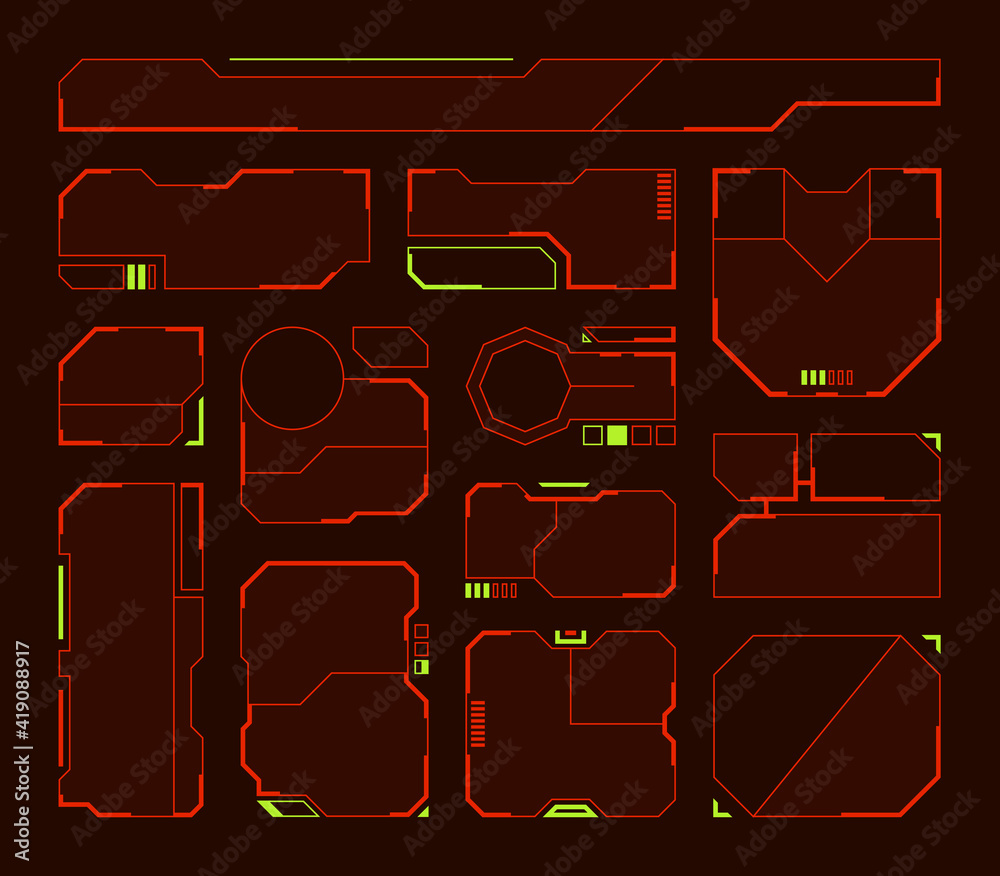 Poster Hud elements. Futuristic frames and borders technologic panels shapes tech symbols garish vector hud set isolated. Illustration screen interface panel, dashboard border tech