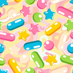 Colorful bright pastel pattern of shiny candy sweet shapes. Pink, light blue, green and yellow star, ball, confetti. Packaging for a birthday present for a little child. Seamless background