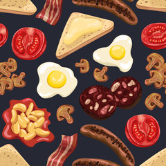 Seamless background with a pattern of English breakfast on plate. Blue background. Fried eggs, bacon, toast with butter, tomato, mushrooms, beans in tomato sauce, grilled sausages and blood pudding.