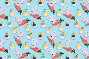 . seamless easter pattern. Knitted chicken on a blue background. Blank for festive packaging
