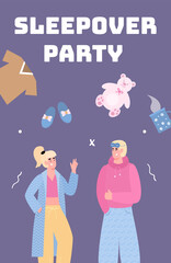 Sleepover party card or poster with young man and woman in cozy clothes at night party, vector cartoon illustration. Invitation advertising banner for slumbers party.