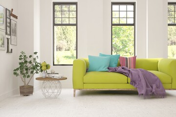 White living room with sofa and summer landscape in window. Scandinavian interior design. 3D illustration