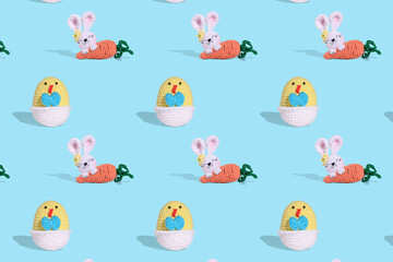 . seamless easter pattern. Knitted chicken on a blue background. Blank for festive packaging