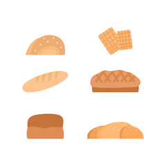 Bread and bakery food, set assorted wheat pastry and loafs. Flat cartoon vector illustration isolated on a white background.