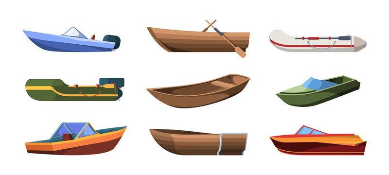 Boats types. Wooden ships for ocean or marine sail garish vector transport for river flat illustrations set isolated. sea, Boat for ocean, ship and yacht for trip