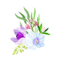 Tender Orchid Flower Arranged with Flowering Stems and Twigs Vector Illustration