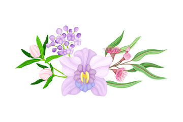 Tender Orchid Flower Arranged with Flowering Stems and Twigs Vector Illustration