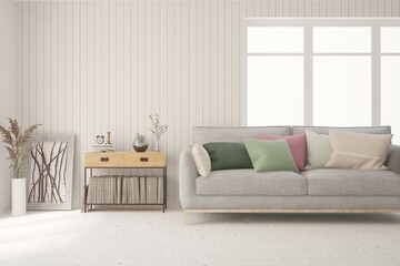 Modern living room in white color with sofa. Scandinavian interior design. 3D illustration