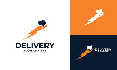Fast Delivery Logo designs Template. Illustration vector graphic of thunder with hand hold box logo design concept. Perfect for Delivery service, Delivery express logo design. 