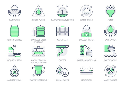 Rainwater harvesting line icons. Vector illustration include icon - barrel, stainless steel reservoir, liquid drainage outline pictogram for water recycling. Green Color, Editable Stroke