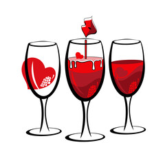 Glasses of wine and loving hearts A greeting card. The sticker.
