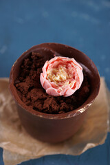 Chocolate dessert in the form of a flowerpot