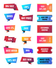 Vector stickers, price tag, banner, label. Coupon sale, offers and promotions vector template. 