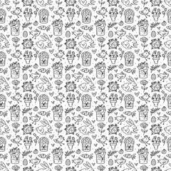 Easter holiday seamless pattern, texture, background. Monochrome design. Rabbit, cake, muffin, herb, egg, nest, flower and heart. Children packaging design, paper.