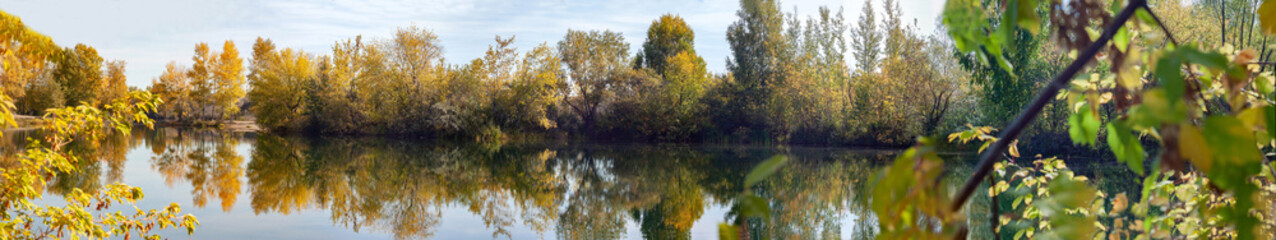 panorama of the autumn landscape on a lake in central Siberia