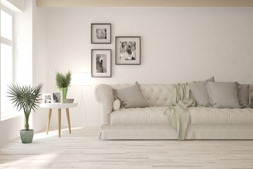 White living room with sofa. Scandinavian interior design. 3D illustration