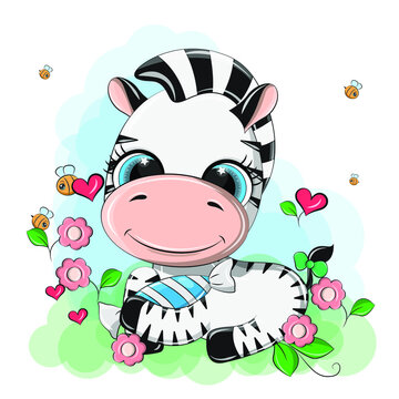 Cute vector image of a zebra in a flower meadow. A funny animal is resting in the meadow and smiling sweetly. Clip art of a cute zebra holding a candy in its paws.