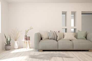 White living room with sofa. Scandinavian interior design. 3D illustration