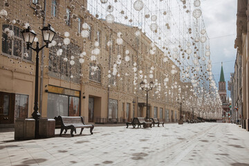 
empty Nikolskaya street during lockdown in Moscow
