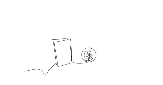 Self-drawing animation of continuous line drawing of  person with book and cappuccino in hand. Continuous line drawing, black line on white background	
