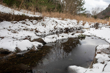 Winter stream landscape with snow