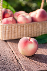 Fresh Peach fruits in blur background, Peach on wooden table in garden.