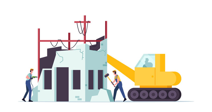 Building Demolition Concept. Builders Male Characters in Uniform and Heavy Machinery Demolishing Home Hitting Walls