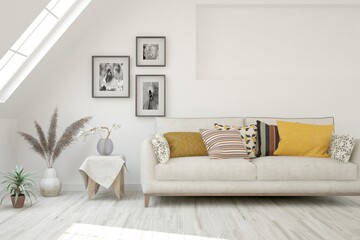 White living room with sofa. Scandinavian interior design. 3D illustration
