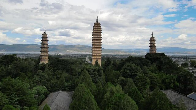 Three pagodas of Chongsheng Temple drone footage scenic view in Dali Yunnan China