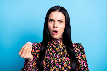 Photo of angry unhappy furious young woman conflict ask money isolated on pastel blue color...