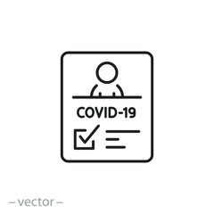 vaccine passport icon, vaccination certificate against covid-19 with check mark, medical card or passport for travel in time pandemic, thin line symbol on white background