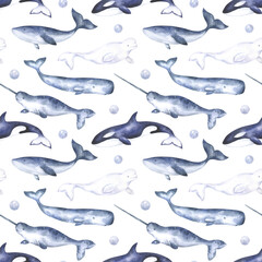 Watercolor Whales Seamless Pattern