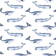Watercolor Whales Seamless Pattern
