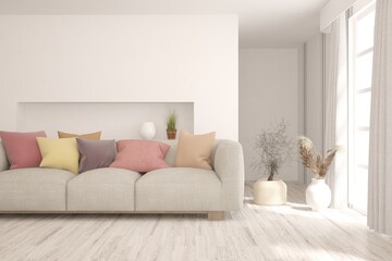 White living room with sofa. Scandinavian interior design. 3D illustration