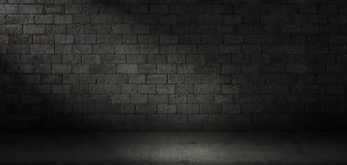 Stone wall and concrete floor texture in the dark, three dimensional background for wallpaper or product display