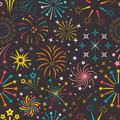 Bright explosions fireworks seamless pattern. Yellow flares on dark sky with blue stars joyful green party festive lights from sparkly rips and bursting red tracery. Happy vector celebrate.