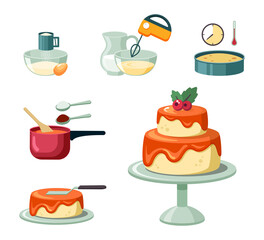 Stages and equipment making birthday cake set. Beat yellow crust mass with mixer and bake in oven mix orange glaze and spread scoop on beautiful two tiered cake. Cartoon sweet vector.