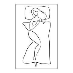 Woman sleeps in the bed. Hand drawn style. Line sketch. Attractive naked woman with long beautiful hair. 