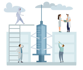 Fototapeta premium Group of little flat people send a astronaut rocket syringe flying. Character Team of scientists and doctors are developing a vaccine. Health care landing page template. Modern flat cartoon style