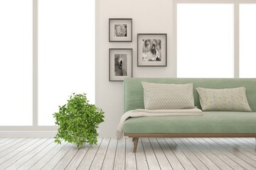 White living room with sofa. Scandinavian interior design. 3D illustration