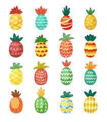 Colorful pineapples ornaments set. Ethnic festive tracery wavy red tropical fruit with barbed print juicy geometric shape trendy hawaiian ornament decorative green texture. Vector fruity festive.