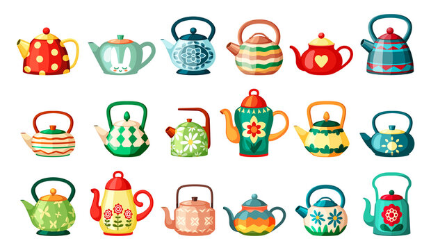 Modern and vintage teapots drawings set. Wavy stripes with trendy spots bright green vessel red decoration flower and yellow heart brewing ceramic hares head floral ethnic ornament. Vector cartoon.