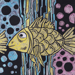 goldfish and seaweed on a black background, stylized fish illustration