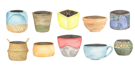 Watercolor decorative house plants pots, boho home plant pots clipart